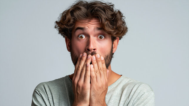 Shocked young man covering his mouth with hands in surprise. Ideal for expressing amazement or unexpected news in marketing campaigns.