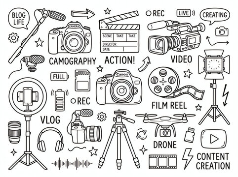 Photography Video Production and Vlogging Studio Doodle Icon Set, Hand Drawn Movie Clapperboard DSLR Camera Line Art Illustration Isolated on White Background for Filmmaker Blog and Media App Design
