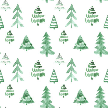 Watercolor Christmas tree vector seamless pattern. Hand painted green pine trees, winter wrapping paper texture. Minimalist festive holiday textile print.