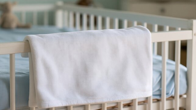 White cotton blanket draped over wooden baby crib with blue bedding