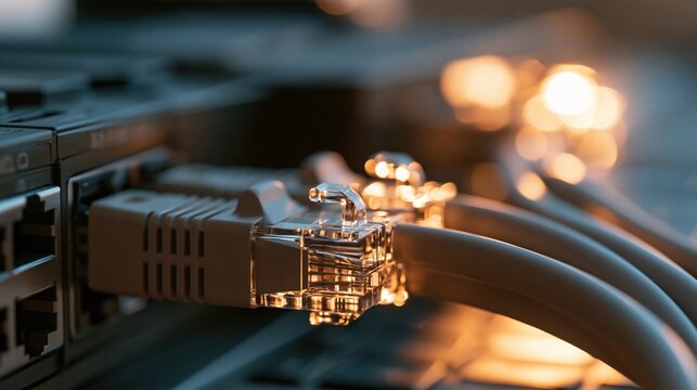 Ethernet cable connectors on network server with warm bokeh lighting