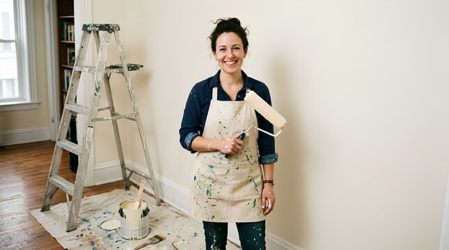Smiling woman in paint-splattered apron holding paint roller, standing beside step ladder and paint bucket while renovating interior wall, medium shot portrait