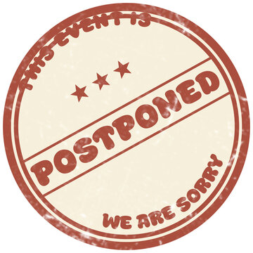 Retro Postponed Event Stamp with Stars and Apology Message
