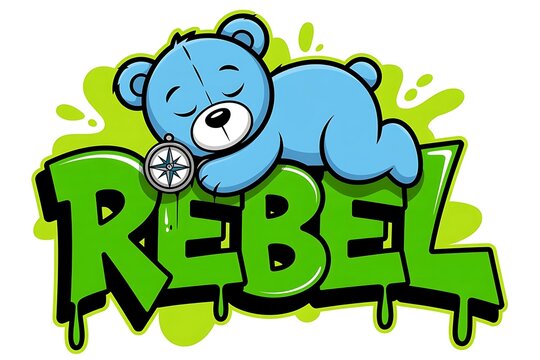 Teddy bear sleeps peacefully on top of green text graphic.