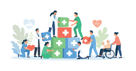 Fototapeta premium Medical team building healthcare structure with blocks symbolizing patient care