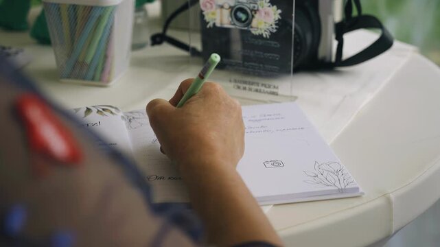 A woman is writing a message on a sheet of paper with a ballpoint pen. Shot from over the shoulder.