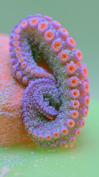 A vibrant purple octopus tentacle with bright orange suckers coils tightly around a textured orange cube, set against a soft green background in a surreal and highly detailed close-up composition.