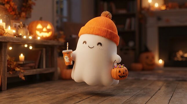 Friendly ghost with an orange beanie, holding a drink and candy bucket indoors.