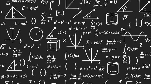 Seamless repeating tile pattern of scattered white chalk mathematical equations, E=mc2, integral calculus, geometric diagrams, coordinate graphs, and scientific formulas on dark chalkboard