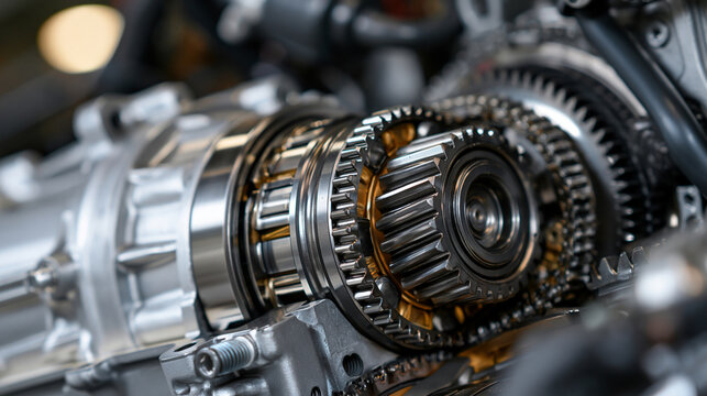 Close up of a complex automotive transmission gear mechanism with metallic texture. Represents precision engineering and industrial technology for mechanical manufacturing.