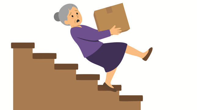 Flat color vector illustration of elderly woman senior citizen losing balance falling backward while carrying cardboard box up staircase, shocked expression, moving day safety concept