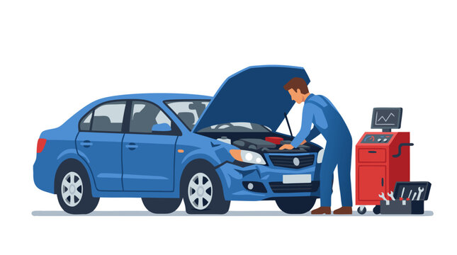 Professional auto mechanic inspecting engine of broken-down blue sedan at repair shop with diagnostic scanner machine and toolbox, vector illustration of car maintenance and vehicle service repair