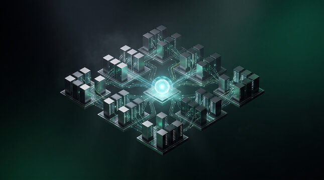 Isometric centralized data hub with glowing server racks and digital connection lines in an abstract dark digital space representing cloud computing and information technology