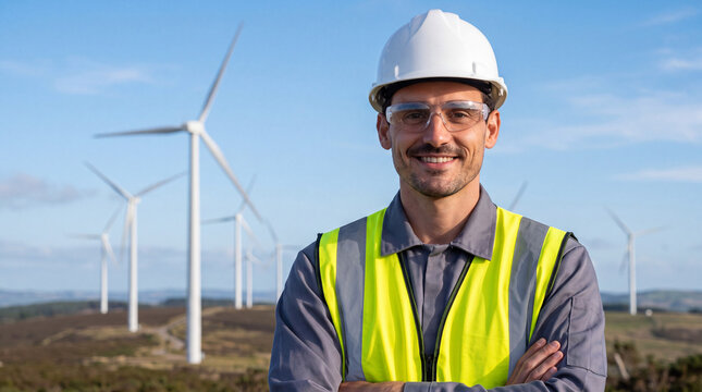 Male engineer wearing safety gear standing at a wind farm under a blue sky