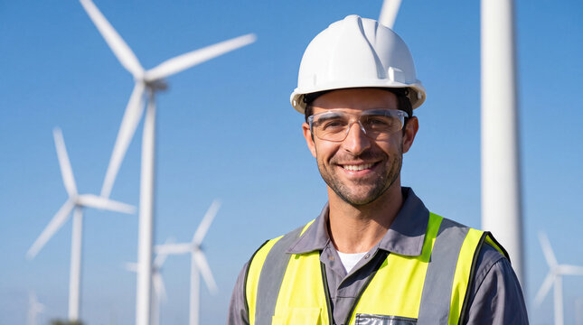 Smiling engineer wearing a hard hat and safety vest standing at a wind farm