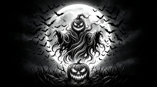 Scary Halloween ghost with glowing pumpkin and bats against a full moon backdrop
