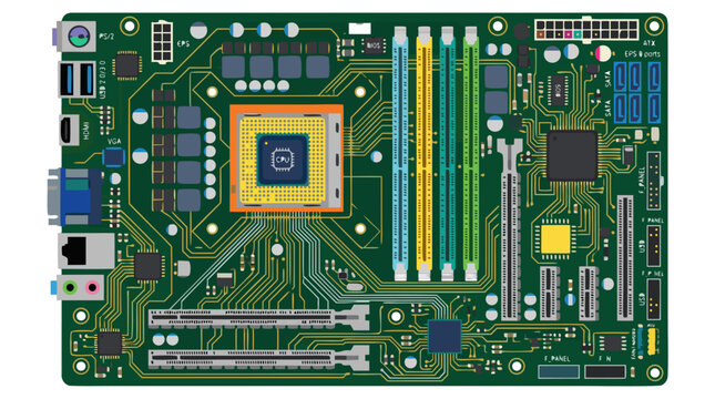 Detailed motherboard circuit board illustration with CPU processor, RAM memory slots, expansion cards, and electronic components on green PCB with bold flat vector colors