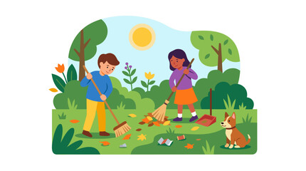 Fototapeta premium Two Cheerful Children Sweeping Fallen Autumn Leaves and Trash in Green Garden with Small Brown Dog Watching, Late Summer Flat Vector Illustration - professional high detailed commercial stock