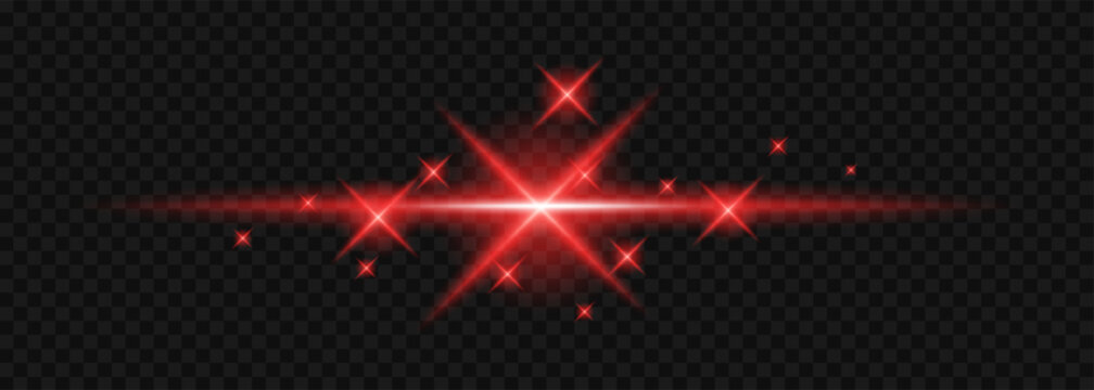 Bright red starburst light flare with sparkles. Glowing beam isolated on transparent background