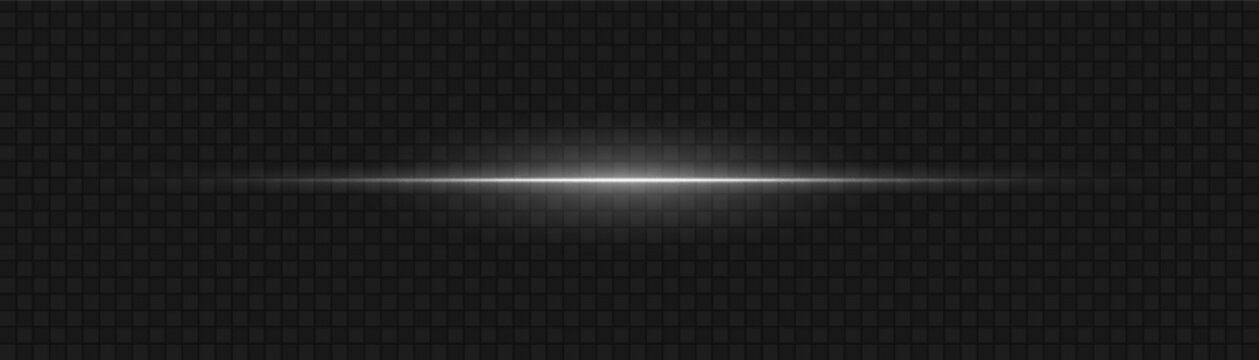 Sharp white horizontal lens flare. Bright glowing light ray and streak isolated on transparent background
