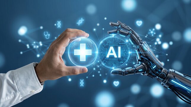 Human hand and robotic hand interacting with glowing spheres and a medical cross symbol in a futuristic digital health environment