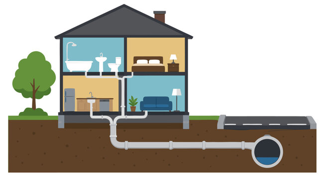 Cross-section cutaway illustration of a two-story residential house showing internal plumbing fixtures and underground sewer pipes connecting to municipal street main line drainage system vector