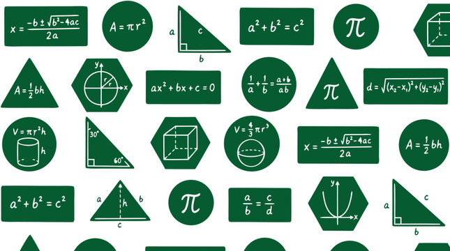 Seamless Tileable Dark Green Chalkboard Pattern with White Mathematical Formulas Fractions Pi Symbols and Geometric Shapes for Education and School Design Vector Illustration