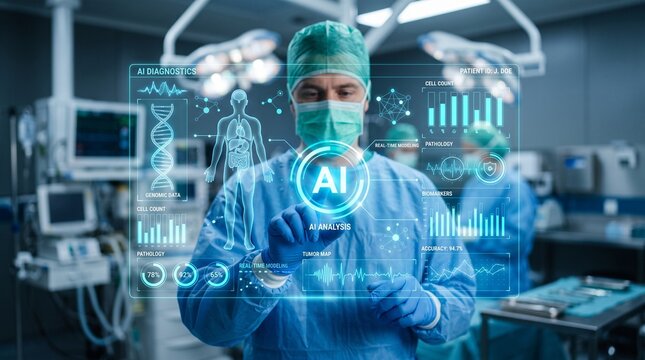 Surgeon interacting with a holographic interface in a high-tech operating room during a digital surgical procedure