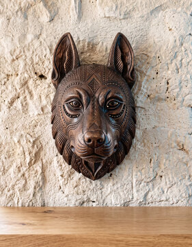carved wooden wolf or dog head wall sculpture featuring intricate geometric Nordic or African style patterns on display on stone wall above shelf