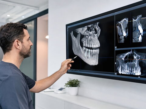 Dentist Reviewing Dental Implant X-Ray on Digital Screen