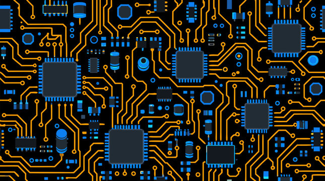 Seamless motherboard circuit board pattern with microchips, integrated circuits, capacitors and glowing orange copper traces on deep black background, electronic technology vector illustration
