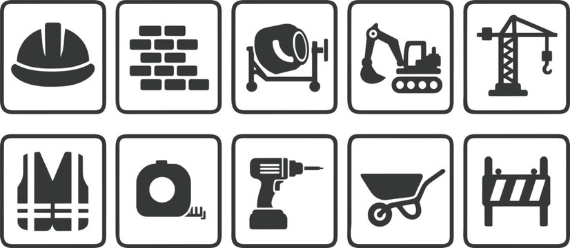Set of ten construction and building industry featuring dark gray silhouettes of safety gear, heavy machinery, and manual tools inside rounded square frames on a white background