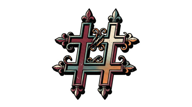 Vintage Halloween hashtag symbol designed as an ornate haunted gothic window grille. Isolated on White background.