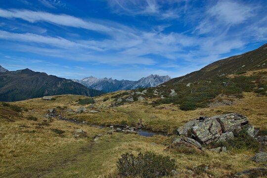 Austrian Alps - view of the peaks in Lechtal Alps from the footpath to chalet Ascher Hutte