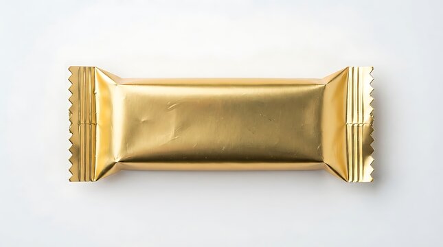 Small gold candy bar wrapper isolated on a plain surface