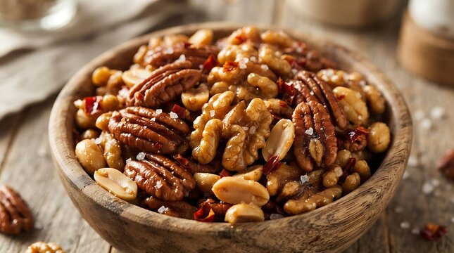 Mix of healthy raw nuts in a wooden bowl on a rustic kitchen table