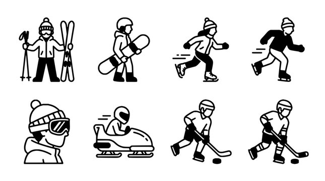 Collection of minimalist line art icons representing various winter sports and outdoor activities