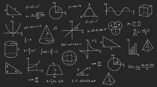 Mathematical formulas and geometric shapes sketched in white chalk on a dark seamless chalkboard background, including algebra, calculus, geometry, and trigonometry equations for educational design