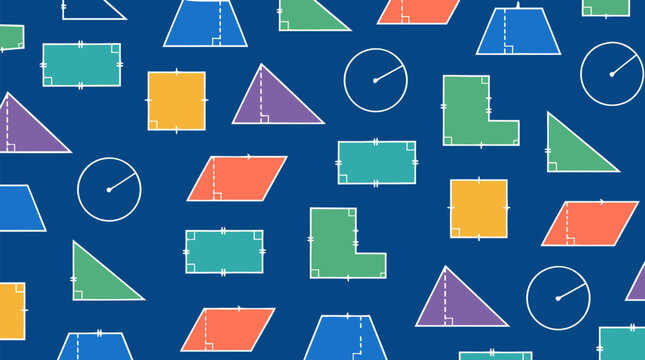 Vibrant geometric shapes including triangles rectangles parallelograms and trapezoids with area-finding diagrams and measurement markers on deep blue chalkboard seamless pattern design