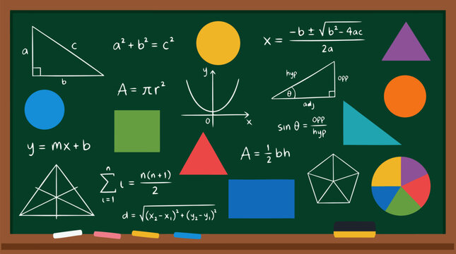 Vibrant Mathematics and Geometry Education Vector Illustration on Green Blackboard with White Chalk Handwritten Formulas, Colorful Triangles, Circles, Graphs and Geometric Shapes for Classroom
