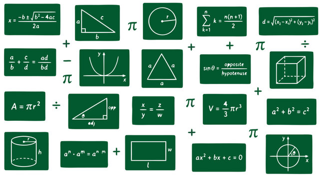 Dark green chalkboard seamless pattern with white mathematical formulas equations and geometric shapes including quadratic formula pythagorean theorem trigonometry pi symbols and algebra