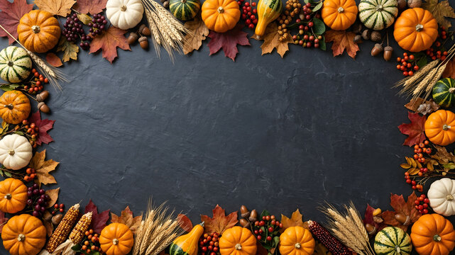 A beautiful thanksgiving day background featuring a dark chalkboard frame decorated with autumn pumpkins and colorful fall harvest leaves