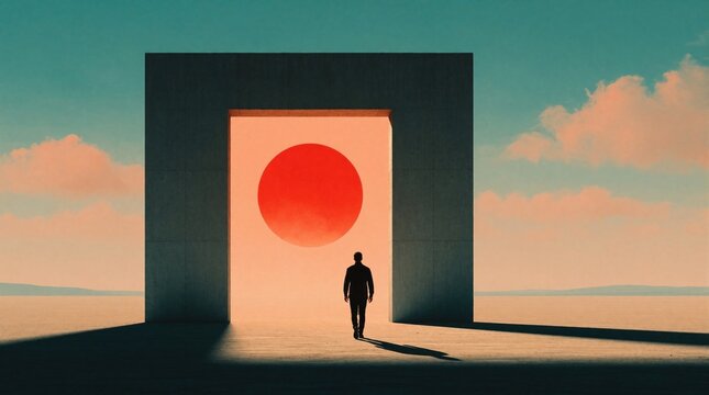 Man walks through modern archway towards red sun. Silhouette enters abstract desert landscape. Surreal gate opens to horizon, journey into unknown future.
