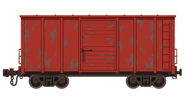 Vintage Red Freight Train Boxcar with Weathered Panels and Metal Coupling, Industrial Railroad Rolling Stock Side View Vector Illustration on White Background - detailed commercial stock imagery