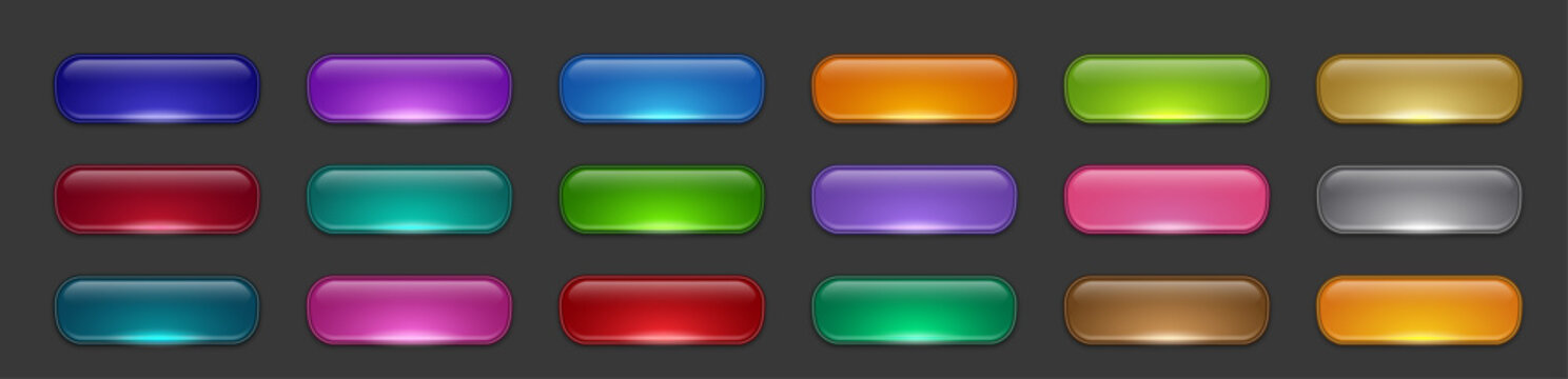 Glossy Glass UI Buttons Set with Colorful Neon Glow Effects, Editable AI file