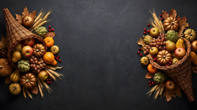A festive thanksgiving day background featuring two overflowing cornucopias filled with seasonal autumn fruits and vegetables on black