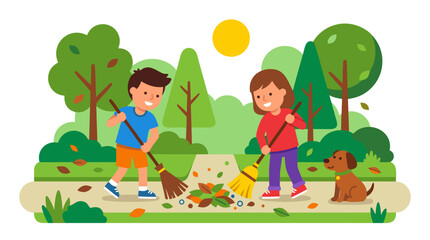 Fototapeta premium Two smiling children, boy and girl, with brooms sweeping fallen leaves and trash in a sunny green garden while a small brown dog watches, late autumn cleanup scene, flat vector illustration style
