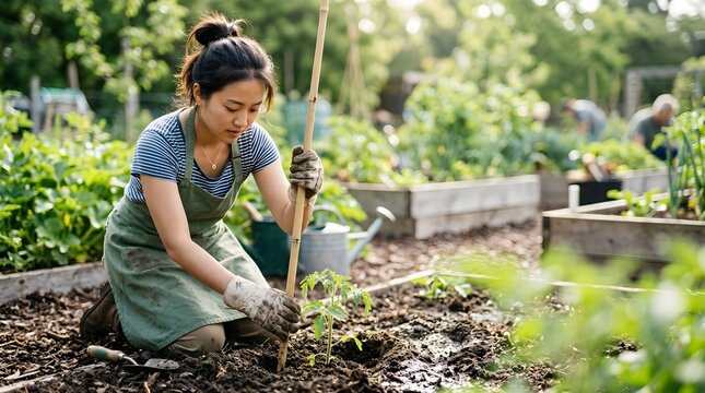 Asian woman gardener kneeling in community garden plot staking tomato plant with bamboo cane