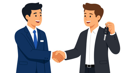 Fototapeta premium Car rental agent shaking hands with businessman holding car key, flat vector illustration of professional handshake deal in automobile leasing service - professional detailed commercial stock
