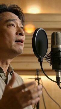 Vertical video: Singing singer starting take in studio using mic and pop filter, in light shirt